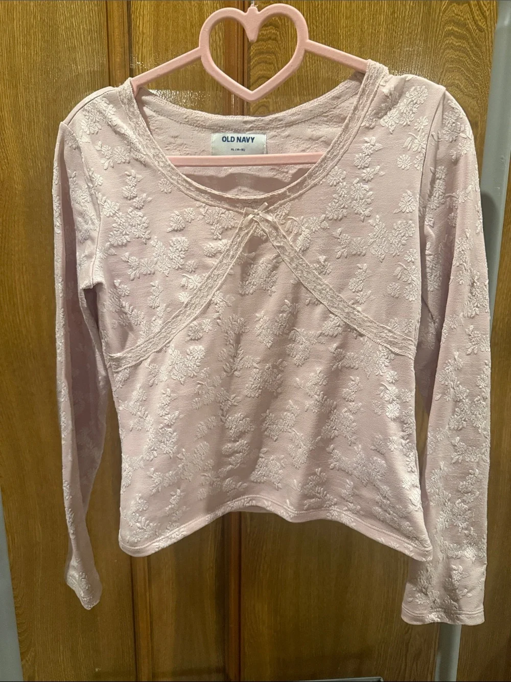 Old Navy Pale Pink Floral Lace-Trim Long Sleeve Top